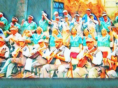 Actuación del coro La fábrica de conservas en el Gran Teatro Falla